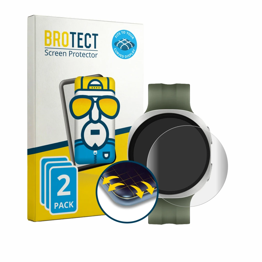 Vorderseite einer Produktverpackung mit dem Markenlogo BROTECT. Daneben ist das Gerät Samsung Galaxy Watch 9 (40 mm) mit dem z