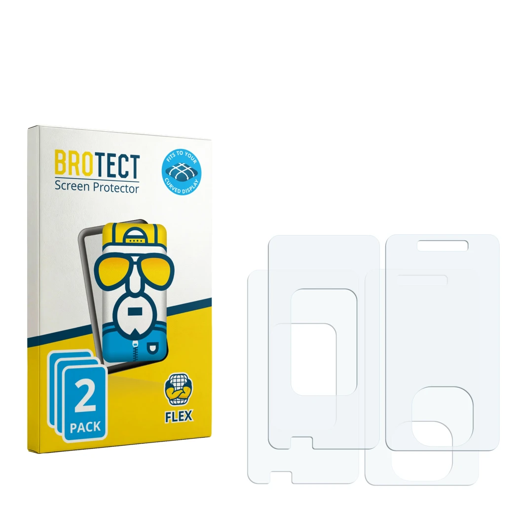 Vorderseite einer Produktverpackung mit dem Markenlogo BROTECT. Daneben ist der zugehörige Displayschutz.