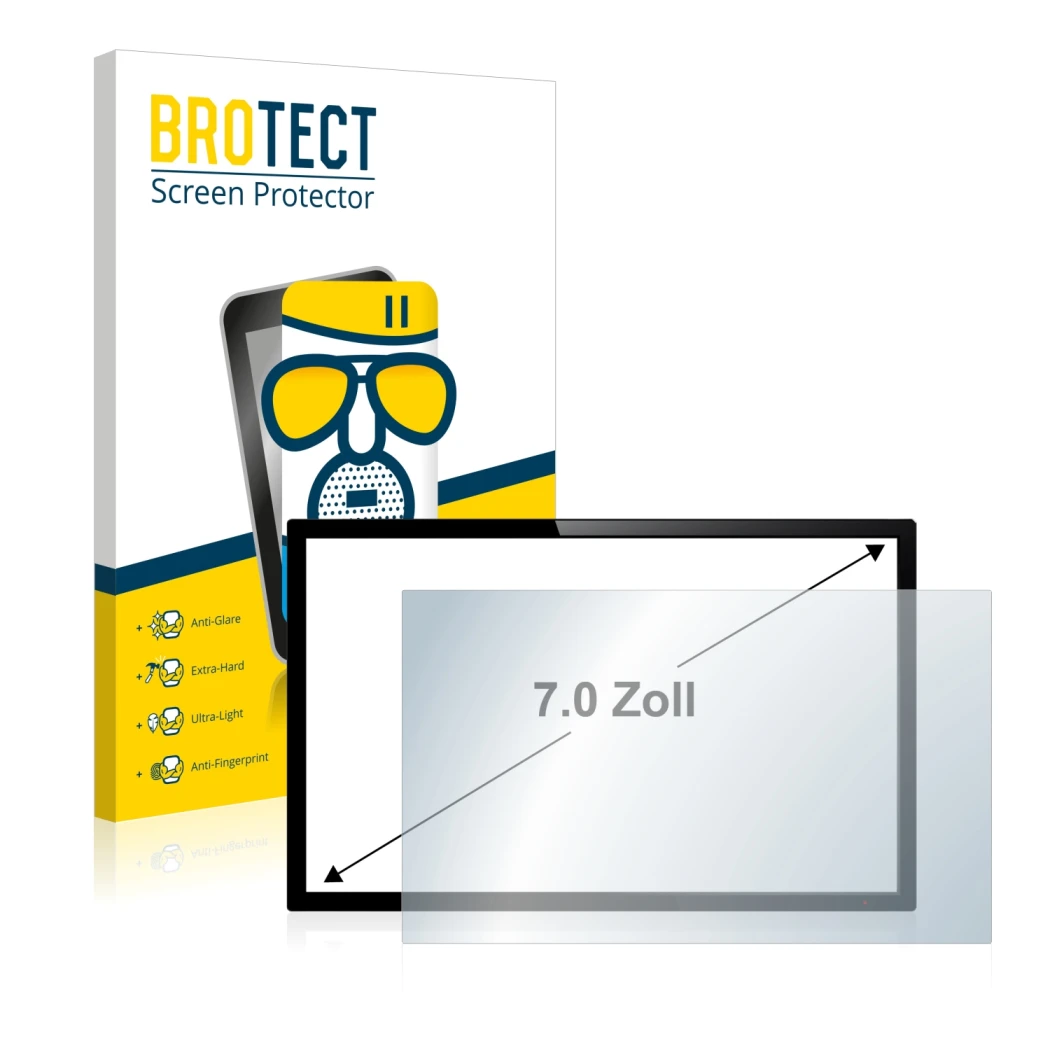 Vorderseite einer Produktverpackung mit dem Markenlogo BROTECT. Daneben ist das Gerät mit dem zugehörigen Displayschutz abgebi