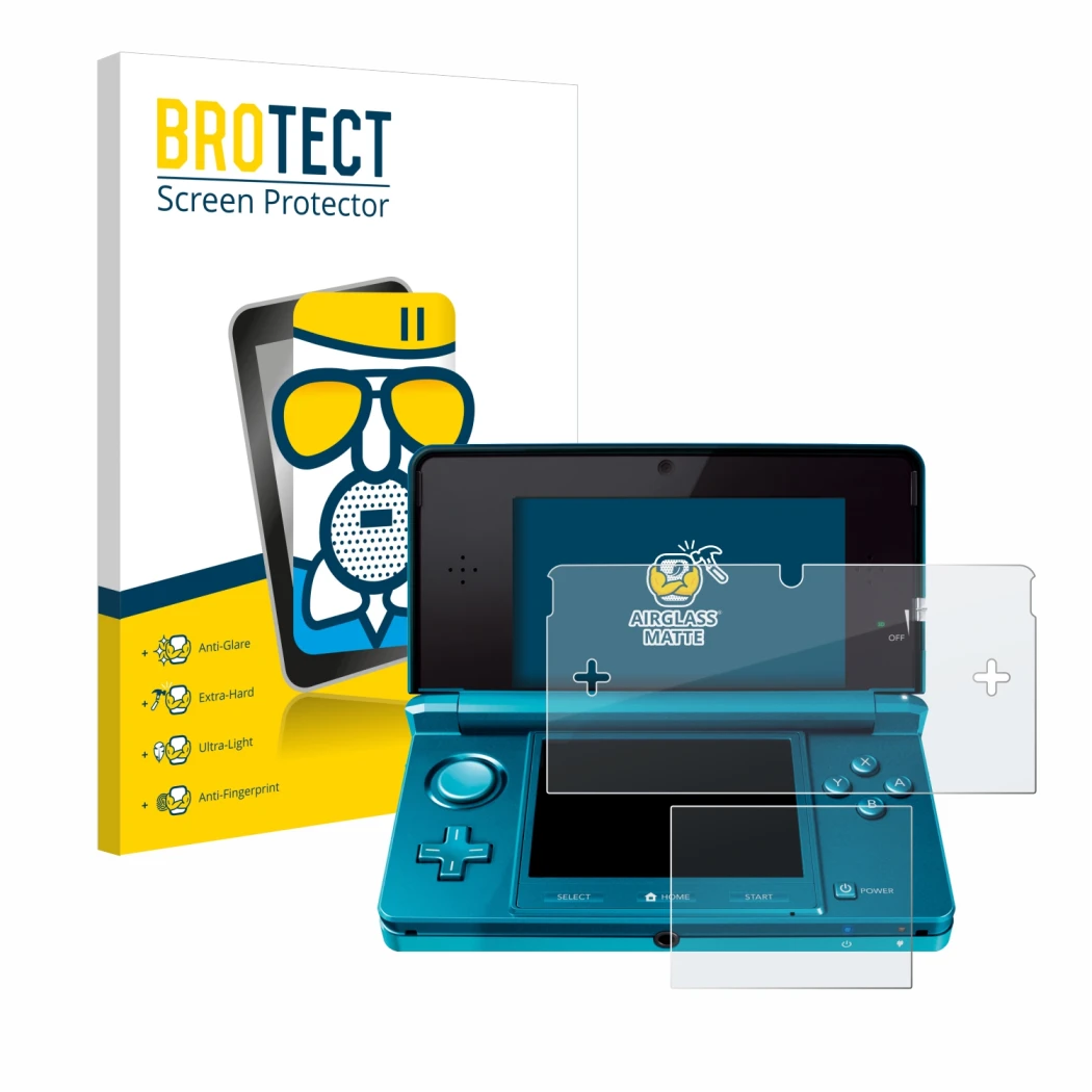 Vorderseite einer Produktverpackung mit dem Markenlogo BROTECT. Daneben ist das Gerät Nintendo 3DS mit dem zugehörigen Display