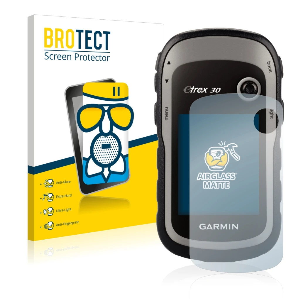 Vorderseite einer Produktverpackung mit dem Markenlogo BROTECT. Daneben ist das Gerät Garmin eTrex 30 mit dem zugehörigen Disp