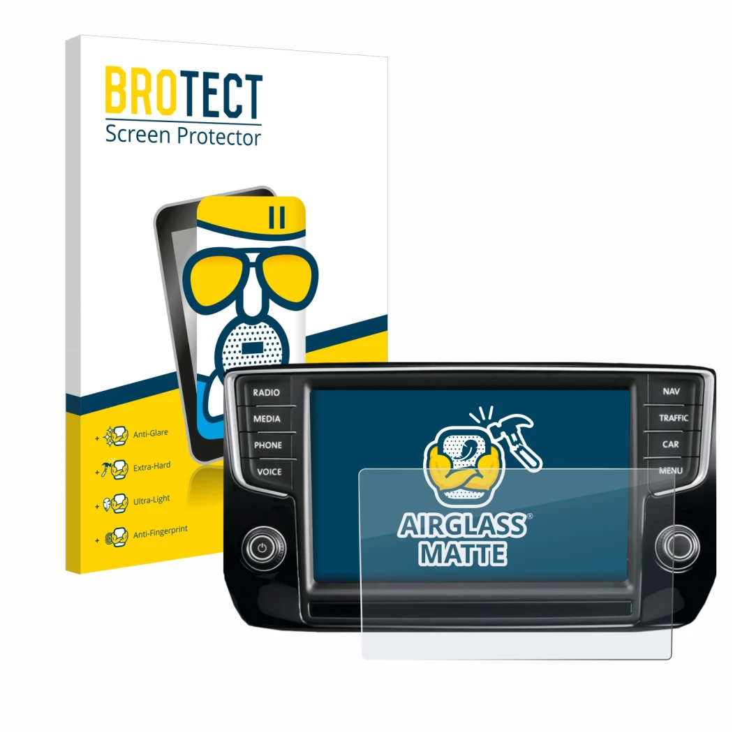 Vorderseite einer Produktverpackung mit dem Markenlogo BROTECT. Daneben ist das Gerät Volkswagen Passat 2015 Discover Pro 8