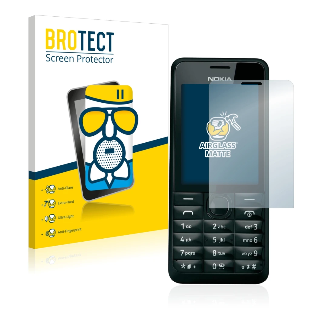 Vorderseite einer Produktverpackung mit dem Markenlogo BROTECT. Daneben ist das Gerät Nokia 301 mit dem zugehörigen Displaysch