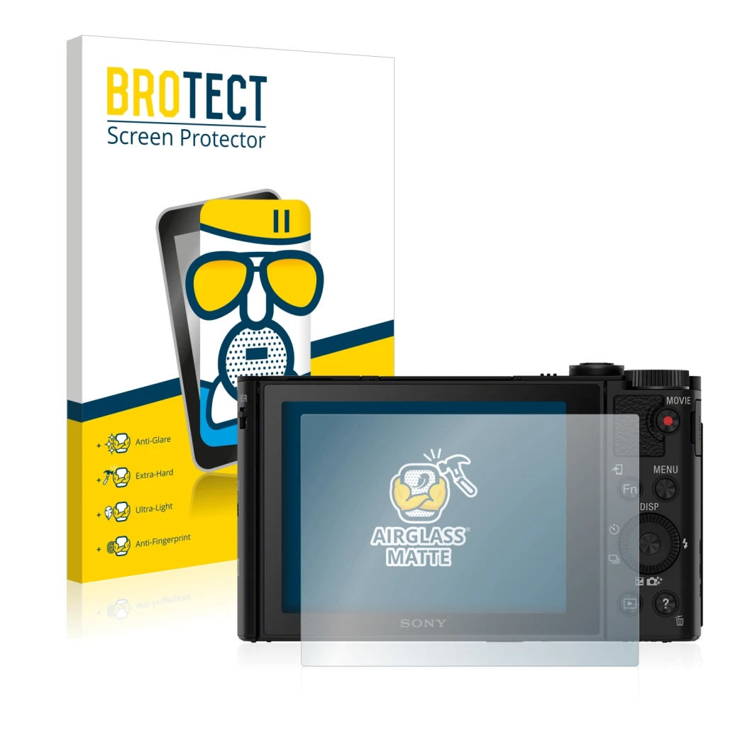 Vorderseite einer Produktverpackung mit dem Markenlogo BROTECT. Daneben ist das Gerät Sony Cyber-Shot DSC-HX90 mit dem zugehör