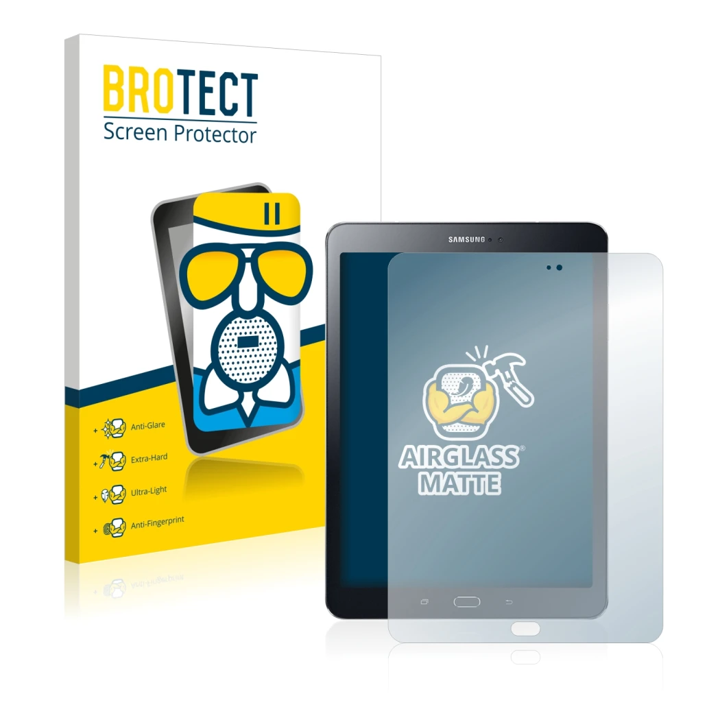 Vorderseite einer Produktverpackung mit dem Markenlogo BROTECT. Daneben ist das Gerät Samsung Galaxy Tab S2 9.7 mit dem zugehö