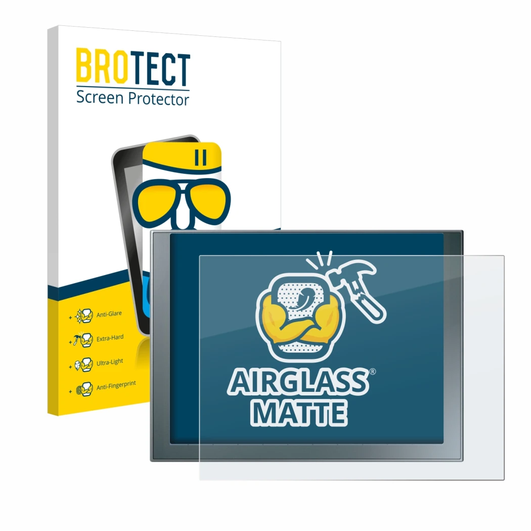 Vorderseite einer Produktverpackung mit dem Markenlogo BROTECT. Daneben ist das Gerät Siemens Simatic HMI KTP 1200 Basic mit d