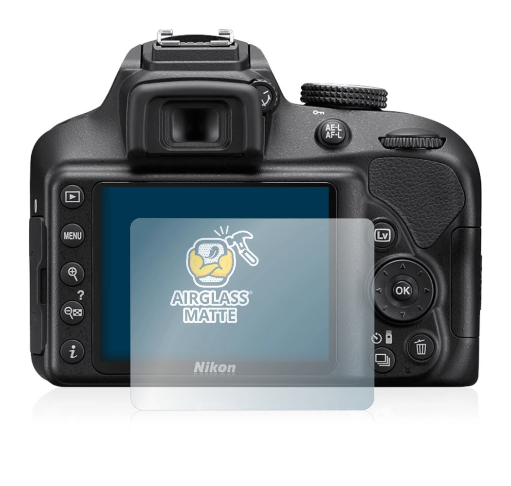 Abbildung des Geräts Nikon D3400 mit einer Vielzahl des Displayschutzes.