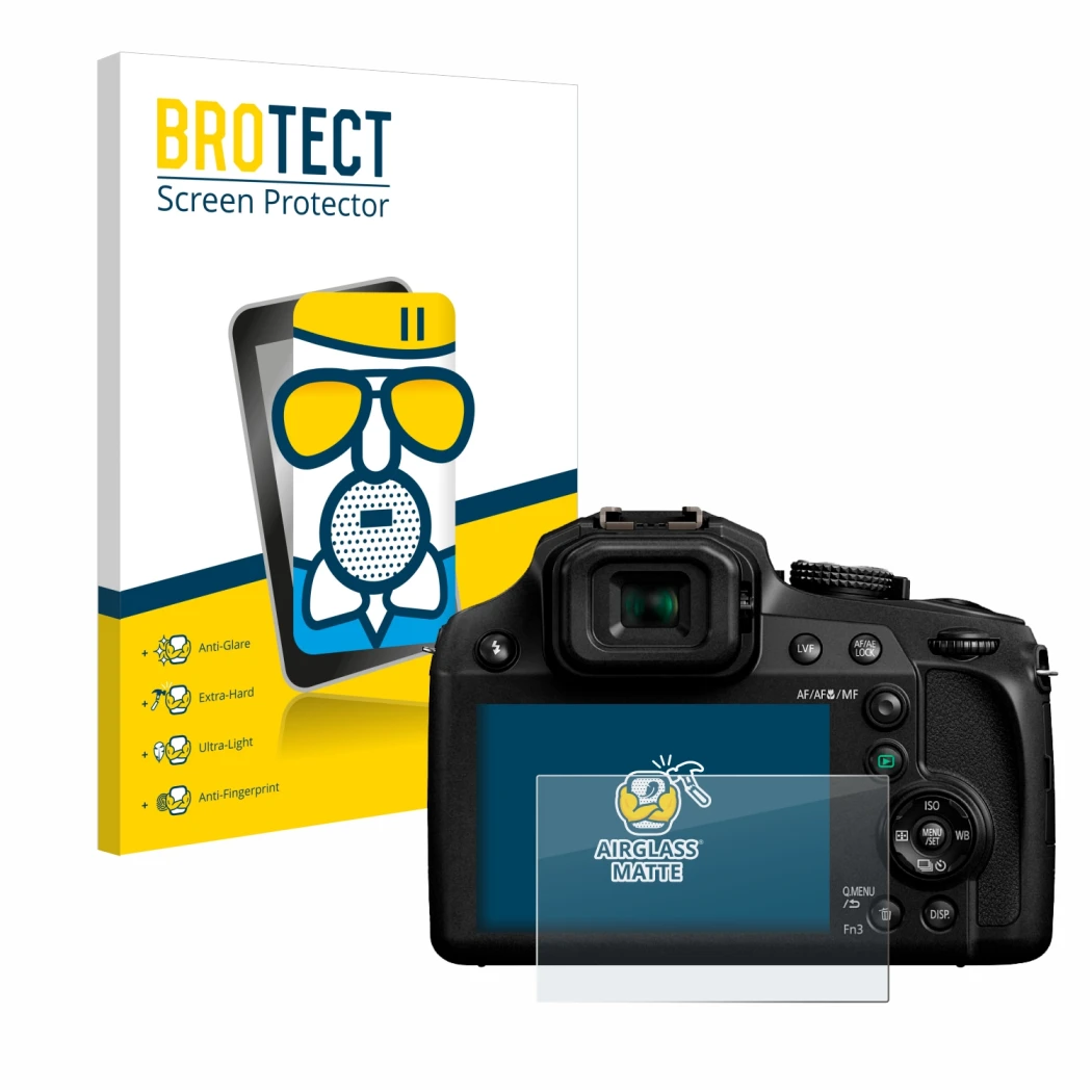 Vorderseite einer Produktverpackung mit dem Markenlogo BROTECT. Daneben ist das Gerät Panasonic Lumix DC-FZ82 mit dem zugehöri