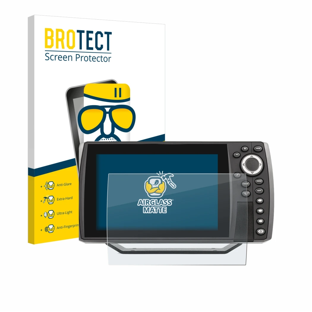 Vorderseite einer Produktverpackung mit dem Markenlogo BROTECT. Daneben ist das Gerät Humminbird Helix 7 mit dem zugehörigen D