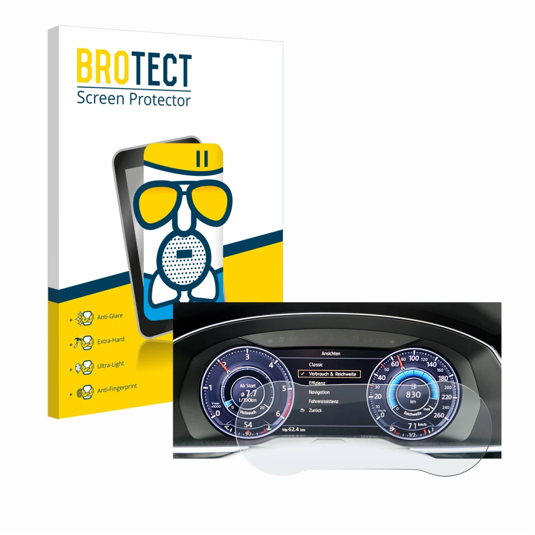 Vorderseite einer Produktverpackung mit dem Markenlogo BROTECT. Daneben ist das Gerät Volkswagen Tiguan 2017 Active Info Cockp