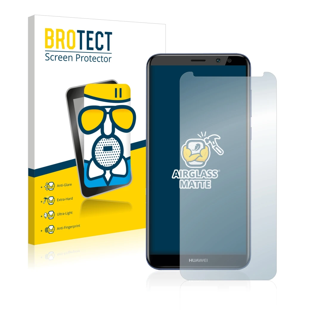 Vorderseite einer Produktverpackung mit dem Markenlogo BROTECT. Daneben ist das Gerät Huawei Mate 10 Lite mit dem zugehörigen