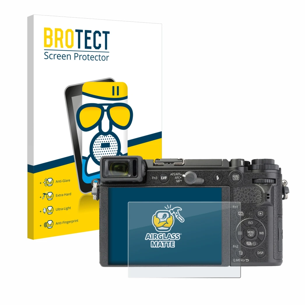 Vorderseite einer Produktverpackung mit dem Markenlogo BROTECT. Daneben ist das Gerät Panasonic Lumix DC-GX9 mit dem zugehörig