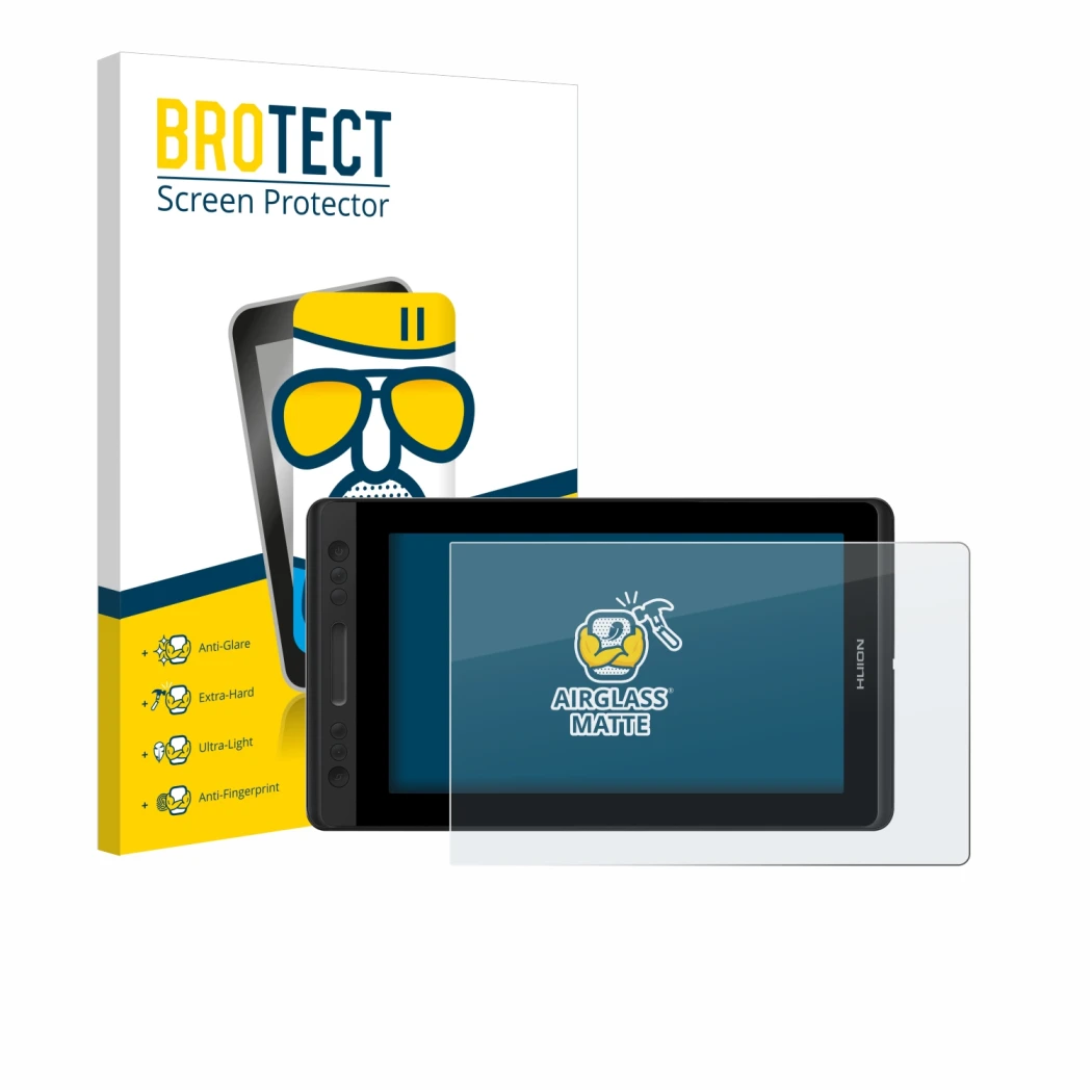 Vorderseite einer Produktverpackung mit dem Markenlogo BROTECT. Daneben ist das Gerät Huion Kamvas Pro 13 mit dem zugehörigen 