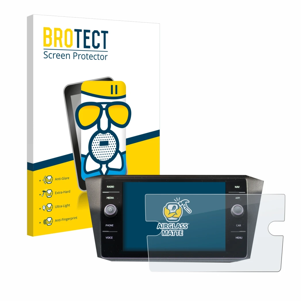 Vorderseite einer Produktverpackung mit dem Markenlogo BROTECT. Daneben ist das Gerät Volkswagen Tiguan Discover Media 8