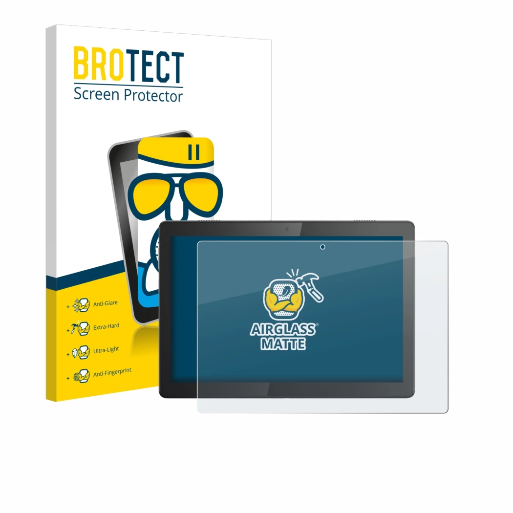 Vorderseite einer Produktverpackung mit dem Markenlogo BROTECT. Daneben ist das Gerät Lenovo Tab M10 TB-X605F mit dem zugehöri