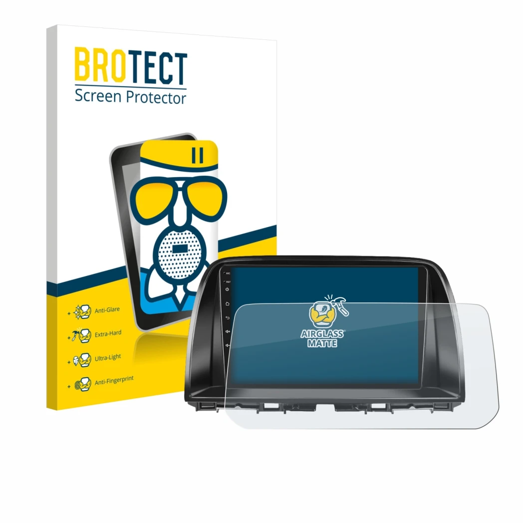 Vorderseite einer Produktverpackung mit dem Markenlogo BROTECT. Daneben ist das Gerät Mazda CX-5 2017 Infotainment System mit