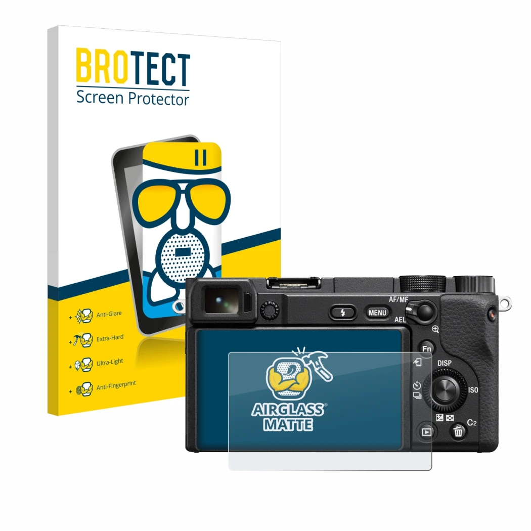 Vorderseite einer Produktverpackung mit dem Markenlogo BROTECT. Daneben ist das Gerät Sony Alpha 6100 mit dem zugehörigen Disp