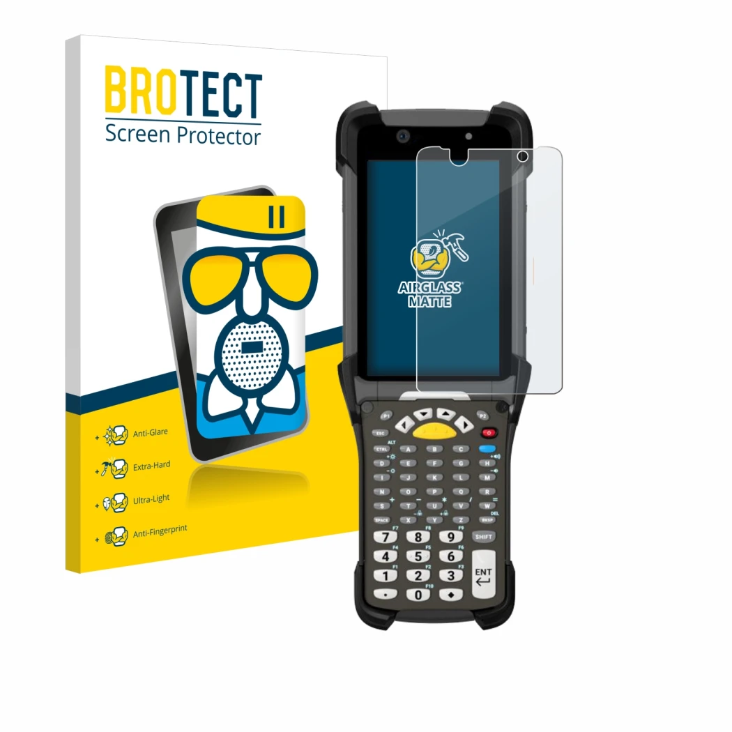 Vorderseite einer Produktverpackung mit dem Markenlogo BROTECT. Daneben ist das Gerät Zebra MC9300 mit dem zugehörigen Display