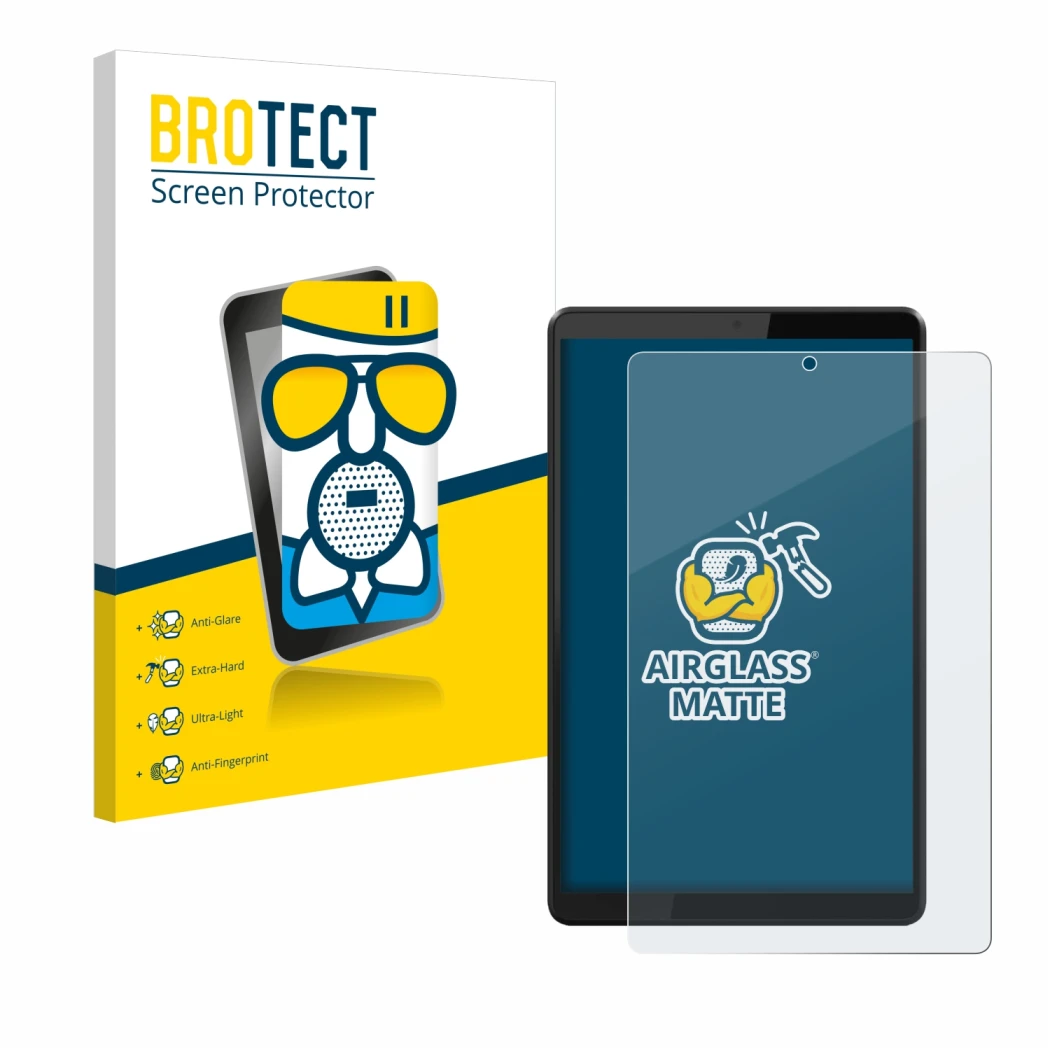 Vorderseite einer Produktverpackung mit dem Markenlogo BROTECT. Daneben ist das Gerät Lenovo Tab M8 mit dem zugehörigen Displa