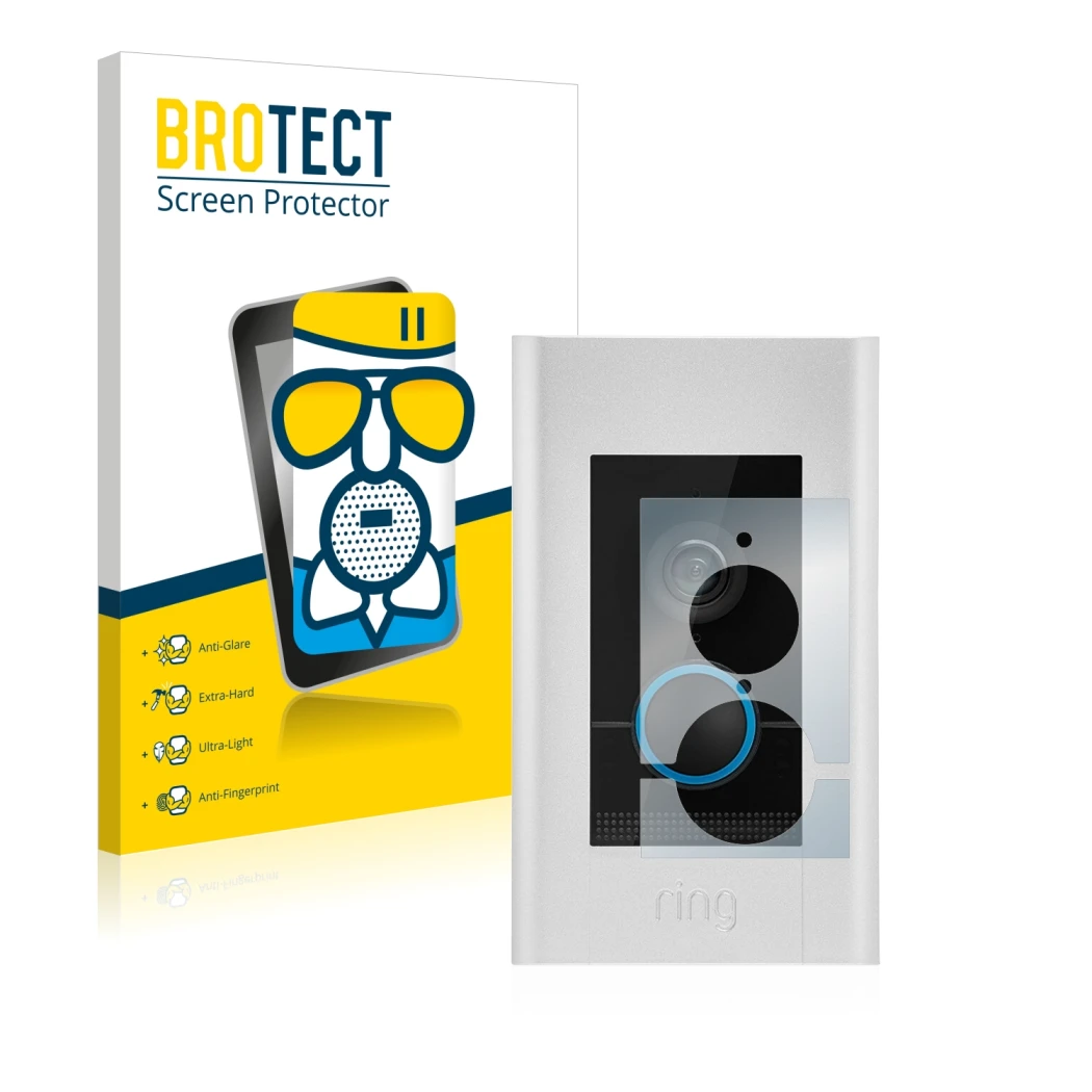 Vorderseite einer Produktverpackung mit dem Markenlogo BROTECT. Daneben ist das Gerät Ring Video Doorbell Elite mit dem zugehö
