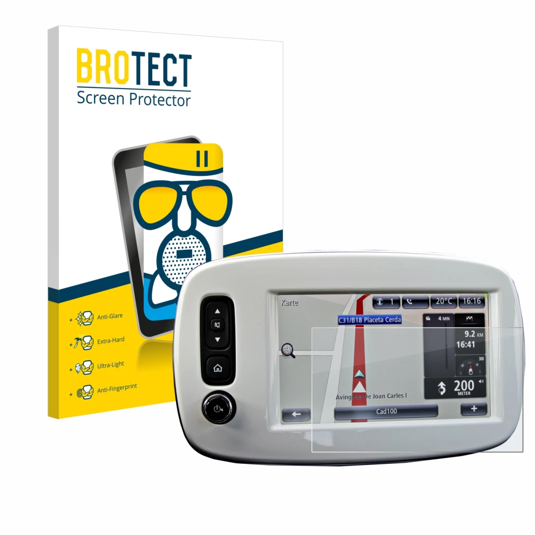 Vorderseite einer Produktverpackung mit dem Markenlogo BROTECT. Daneben ist das Gerät TomTom Smart 453 2018 mit dem zugehörige