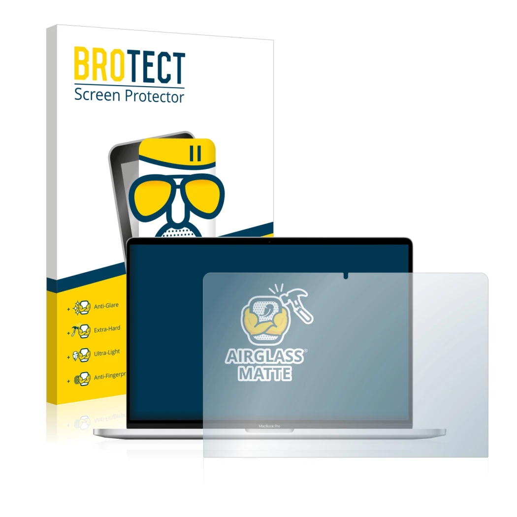 Vorderseite einer Produktverpackung mit dem Markenlogo BROTECT. Daneben ist das Gerät Apple MacBook Pro 16