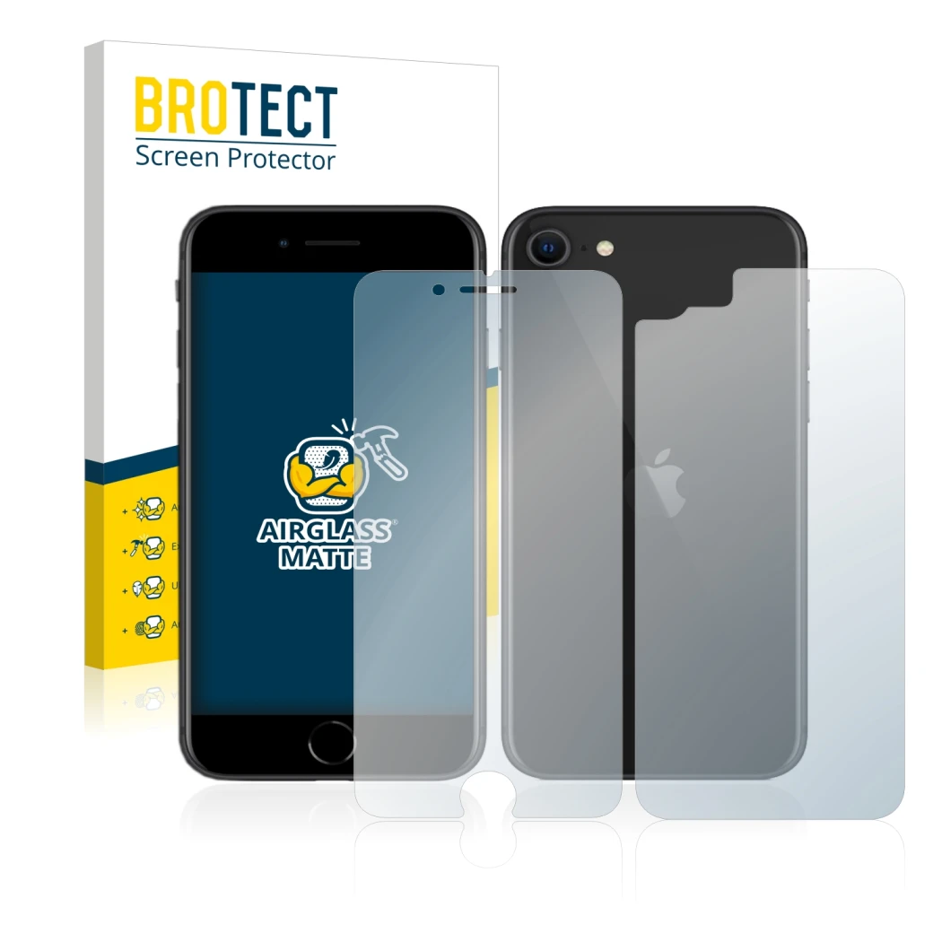 Vorderseite einer Produktverpackung mit dem Markenlogo BROTECT. Daneben ist das Gerät Apple iPhone SE 2 2020 (Display+Rückseit