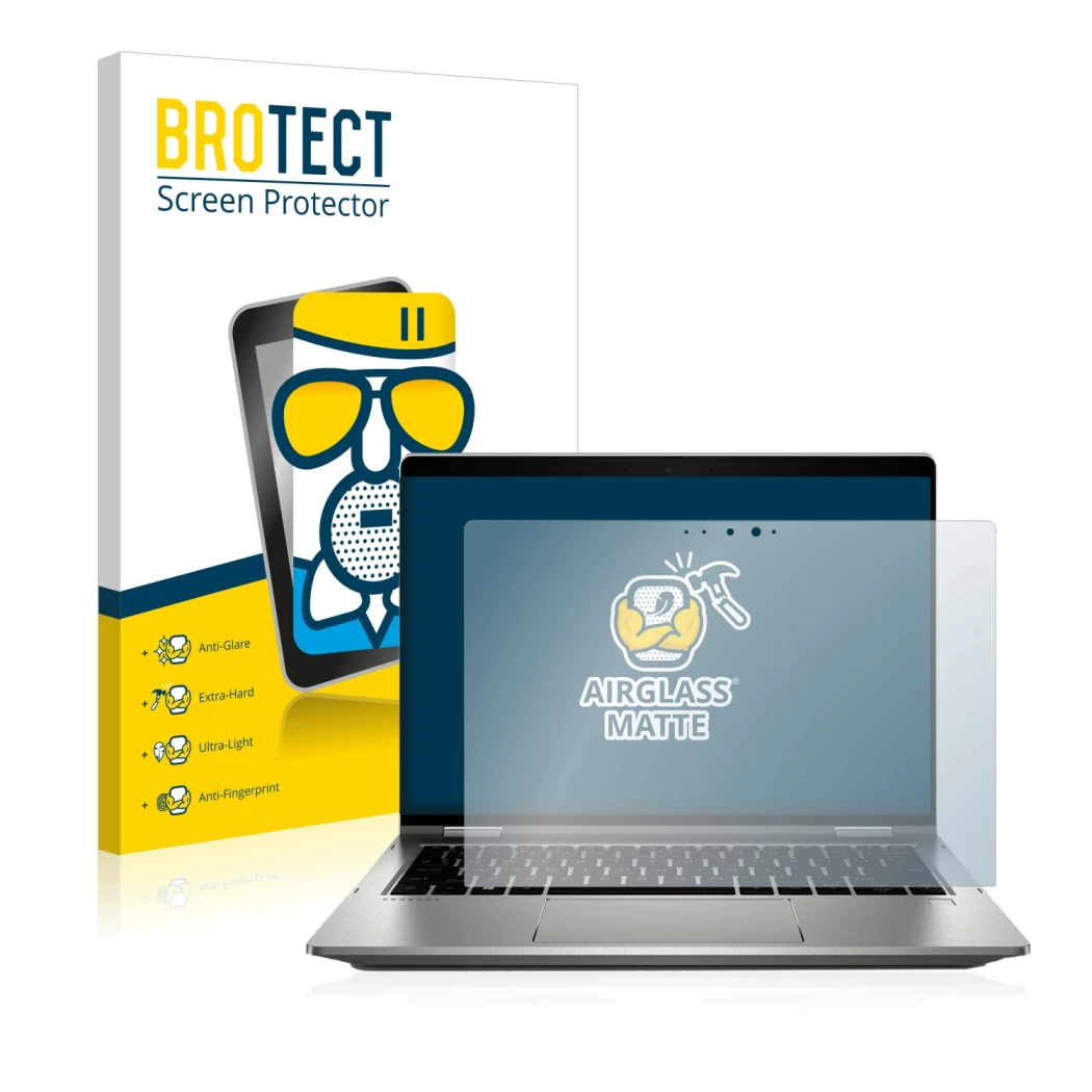 Vorderseite einer Produktverpackung mit dem Markenlogo BROTECT. Daneben ist das Gerät HP ProBook x360 435 G7 mit dem zugehörig