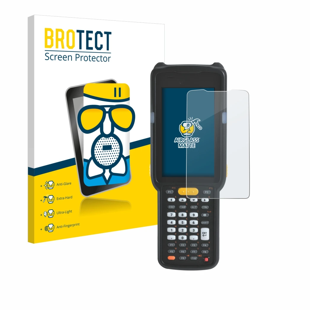 Vorderseite einer Produktverpackung mit dem Markenlogo BROTECT. Daneben ist das Gerät Zebra MC330L mit dem zugehörigen Display