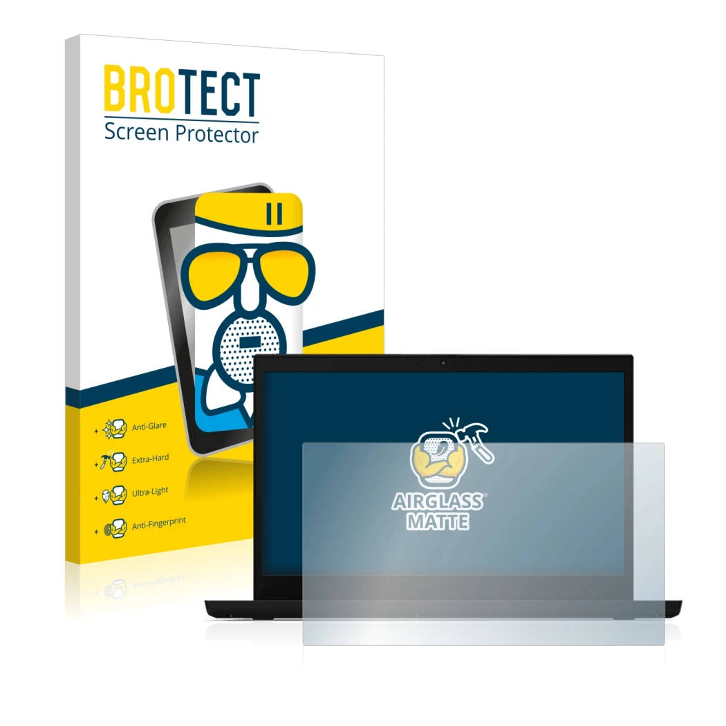 Vorderseite einer Produktverpackung mit dem Markenlogo BROTECT. Daneben ist das Gerät Lenovo ThinkPad L15 mit dem zugehörigen 