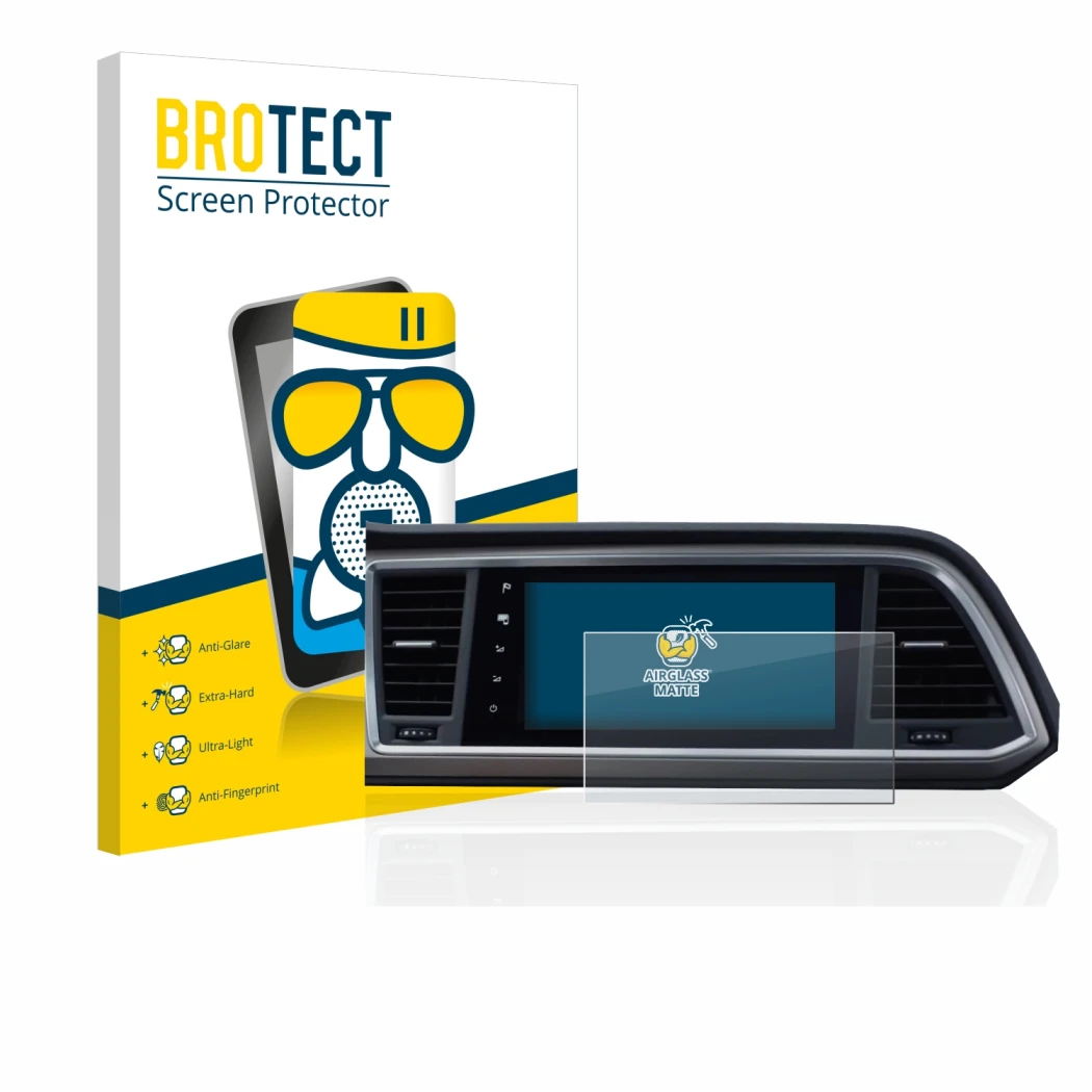 Vorderseite einer Produktverpackung mit dem Markenlogo BROTECT. Daneben ist das Gerät Seat Ateca Style Go 2020 Infotainment Sy