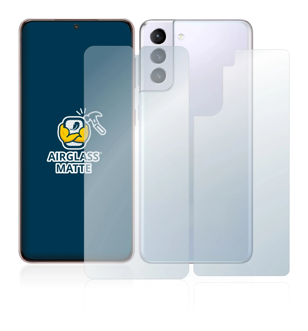Abbildung des Geräts Samsung Galaxy S21 5G (Display+Rückseite) mit einer Vielzahl des Displayschutzes.
