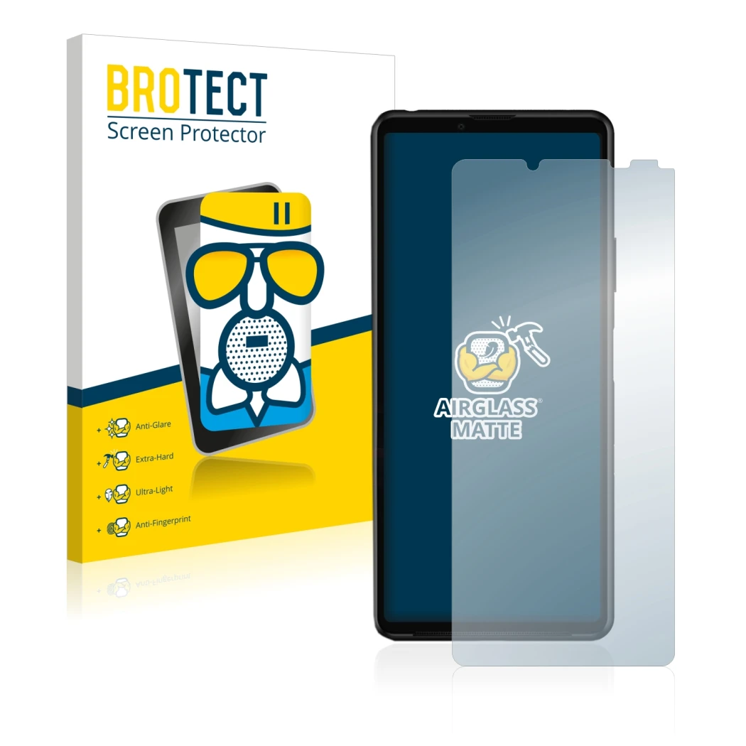 Vorderseite einer Produktverpackung mit dem Markenlogo BROTECT. Daneben ist das Gerät Sony Xperia 10 III mit dem zugehörigen D