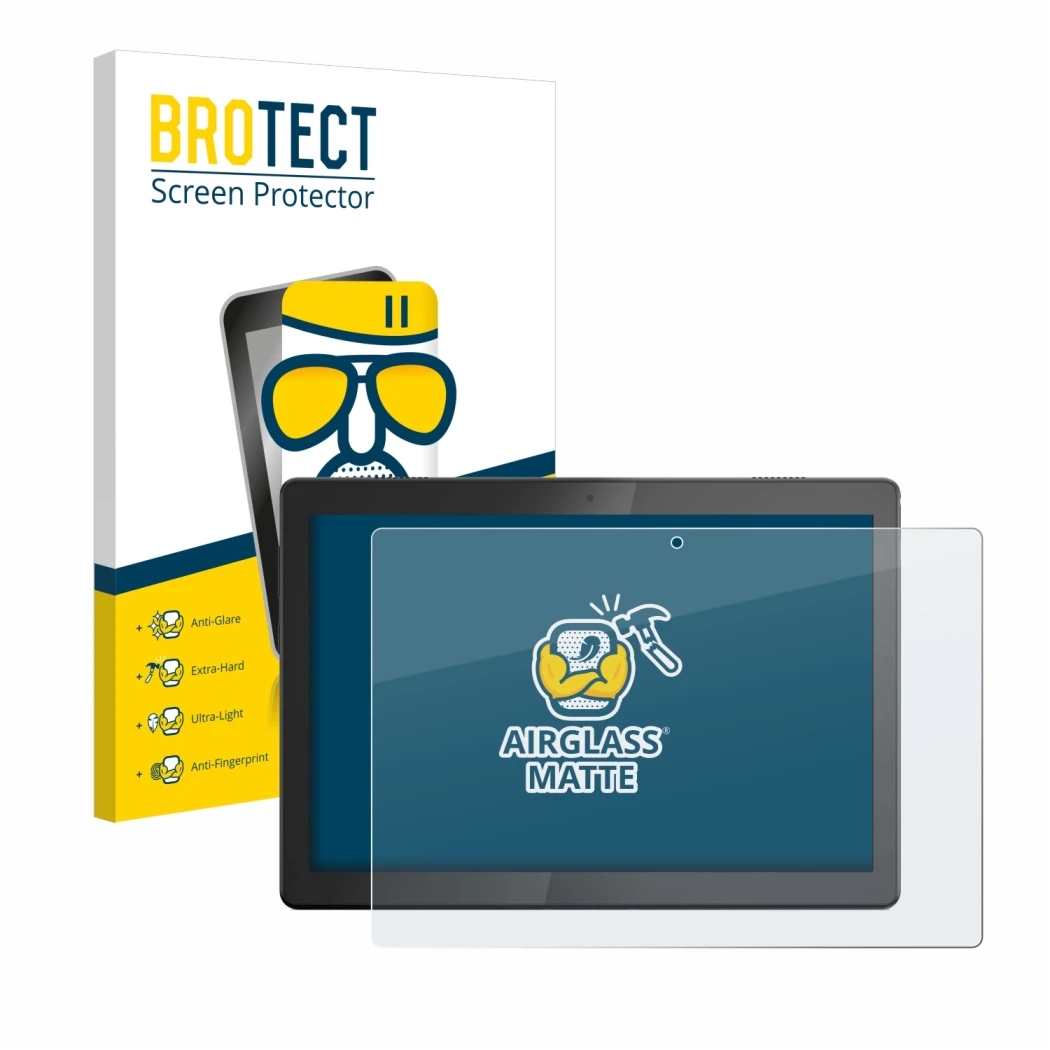 Vorderseite einer Produktverpackung mit dem Markenlogo BROTECT. Daneben ist das Gerät Lenovo Tab M10 TB-X505F mit dem zugehöri