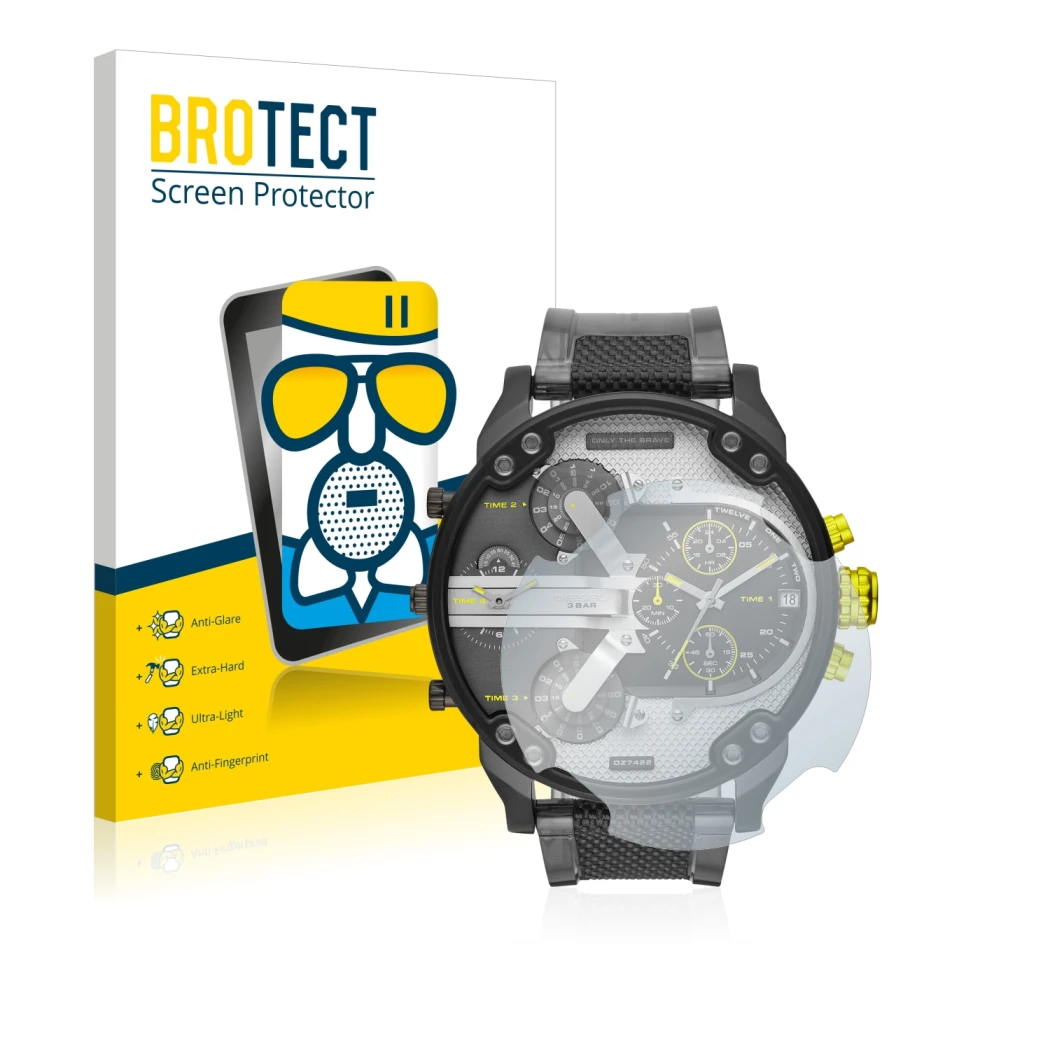 Vorderseite einer Produktverpackung mit dem Markenlogo BROTECT. Daneben ist das Gerät Diesel DZ7422 Mr. Daddy 2.0 mit dem zuge