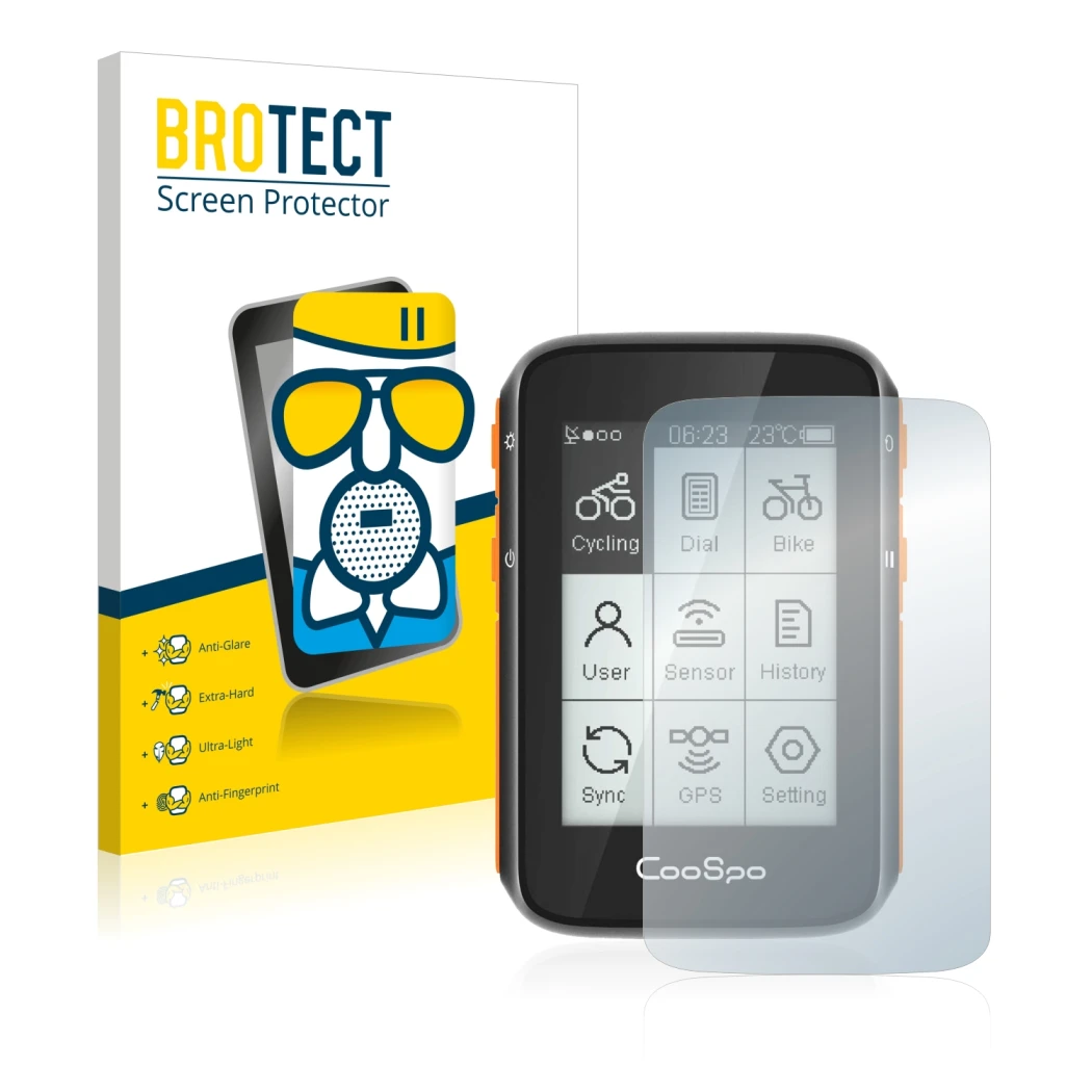 Vorderseite einer Produktverpackung mit dem Markenlogo BROTECT. Daneben ist das Gerät CooSpo BC200 mit dem zugehörigen Display