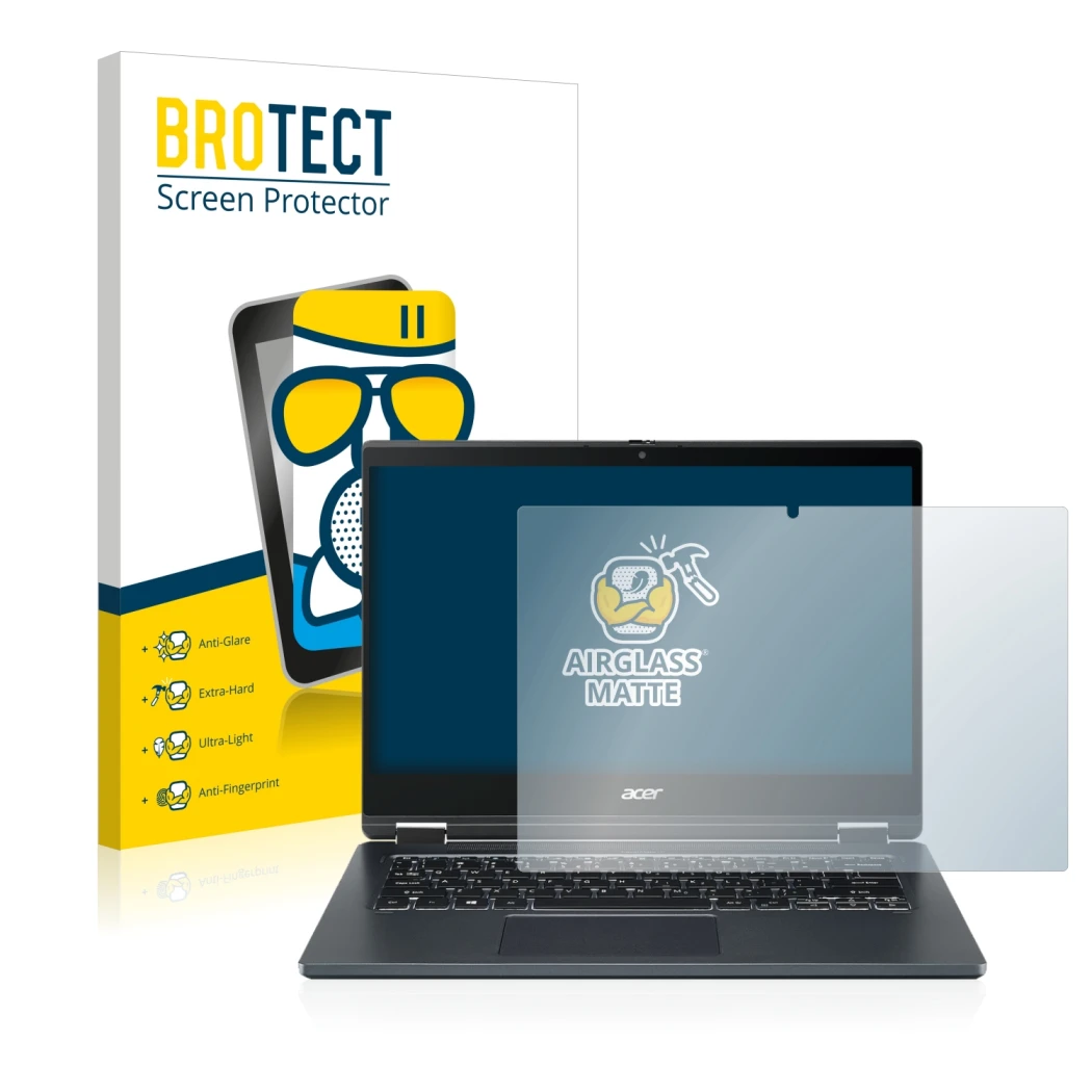 Vorderseite einer Produktverpackung mit dem Markenlogo BROTECT. Daneben ist das Gerät Acer TravelMate Spin P4 14