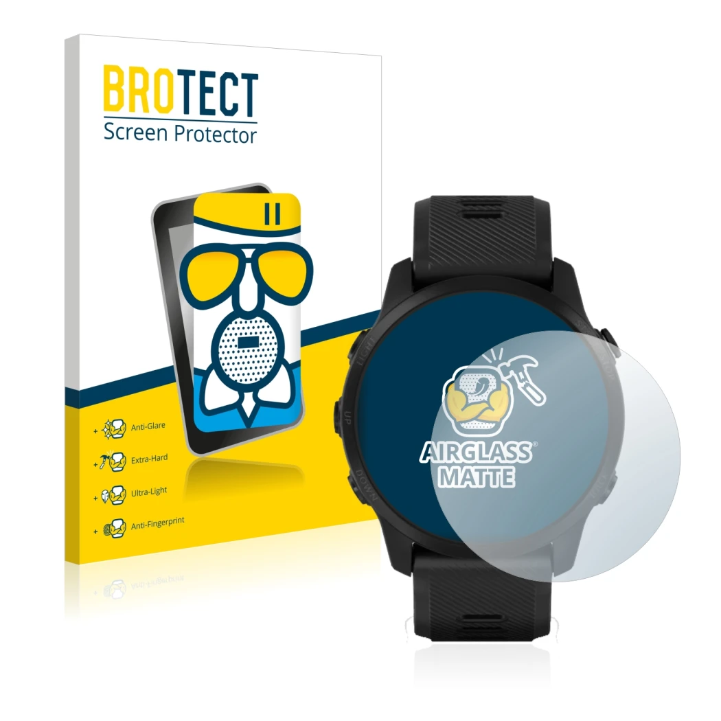 Vorderseite einer Produktverpackung mit dem Markenlogo BROTECT. Daneben ist das Gerät Garmin Forerunner 945 LTE mit dem zugehö