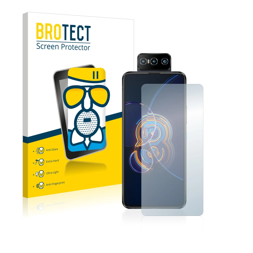 Vorderseite einer Produktverpackung mit dem Markenlogo BROTECT. Daneben ist das Gerät ASUS ZenFone 8 Flip mit dem zugehörigen 
