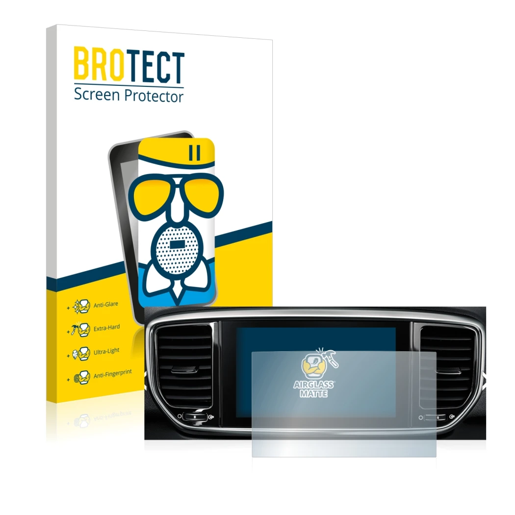 Vorderseite einer Produktverpackung mit dem Markenlogo BROTECT. Daneben ist das Gerät Kia Sportage QLPE 2020 Infotainment Syst