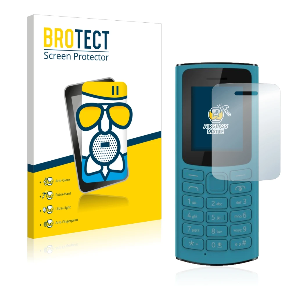 Vorderseite einer Produktverpackung mit dem Markenlogo BROTECT. Daneben ist das Gerät Nokia 105 4G 2021 mit dem zugehörigen Di