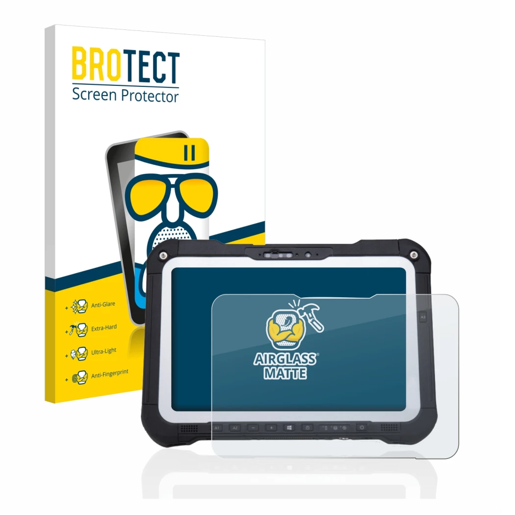 Vorderseite einer Produktverpackung mit dem Markenlogo BROTECT. Daneben ist das Gerät Panasonic Toughbook FZ-G2 mit dem zugehö