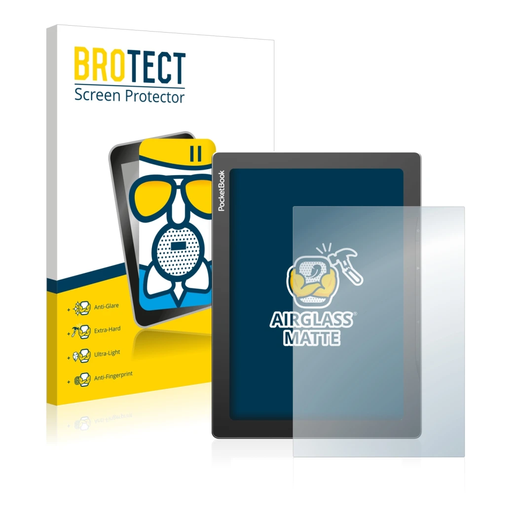 Vorderseite einer Produktverpackung mit dem Markenlogo BROTECT. Daneben ist das Gerät PocketBook InkPad Lite mit dem zugehörig