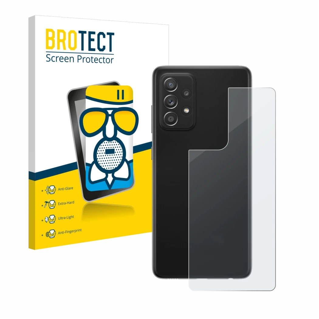 Vorderseite einer Produktverpackung mit dem Markenlogo BROTECT. Daneben ist das Gerät Samsung Galaxy A52s 5G (Rückseite) mit d