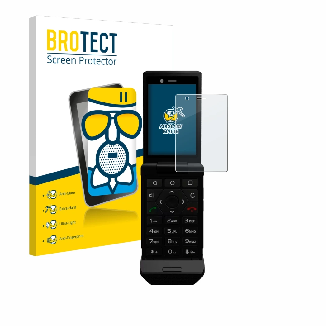 Vorderseite einer Produktverpackung mit dem Markenlogo BROTECT. Daneben ist das Gerät Caterpillar Cat S22 Flip mit dem zugehör