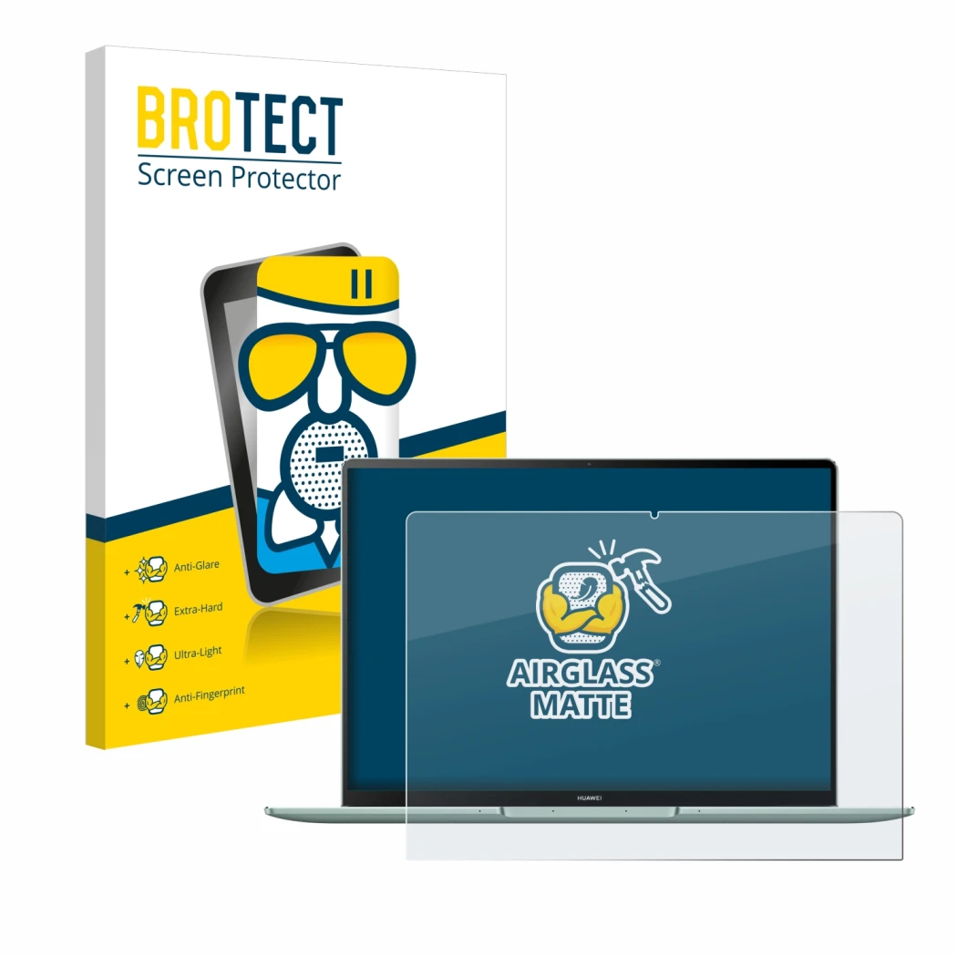 Vorderseite einer Produktverpackung mit dem Markenlogo BROTECT. Daneben ist das Gerät Huawei MateBook 14s mit dem zugehörigen 