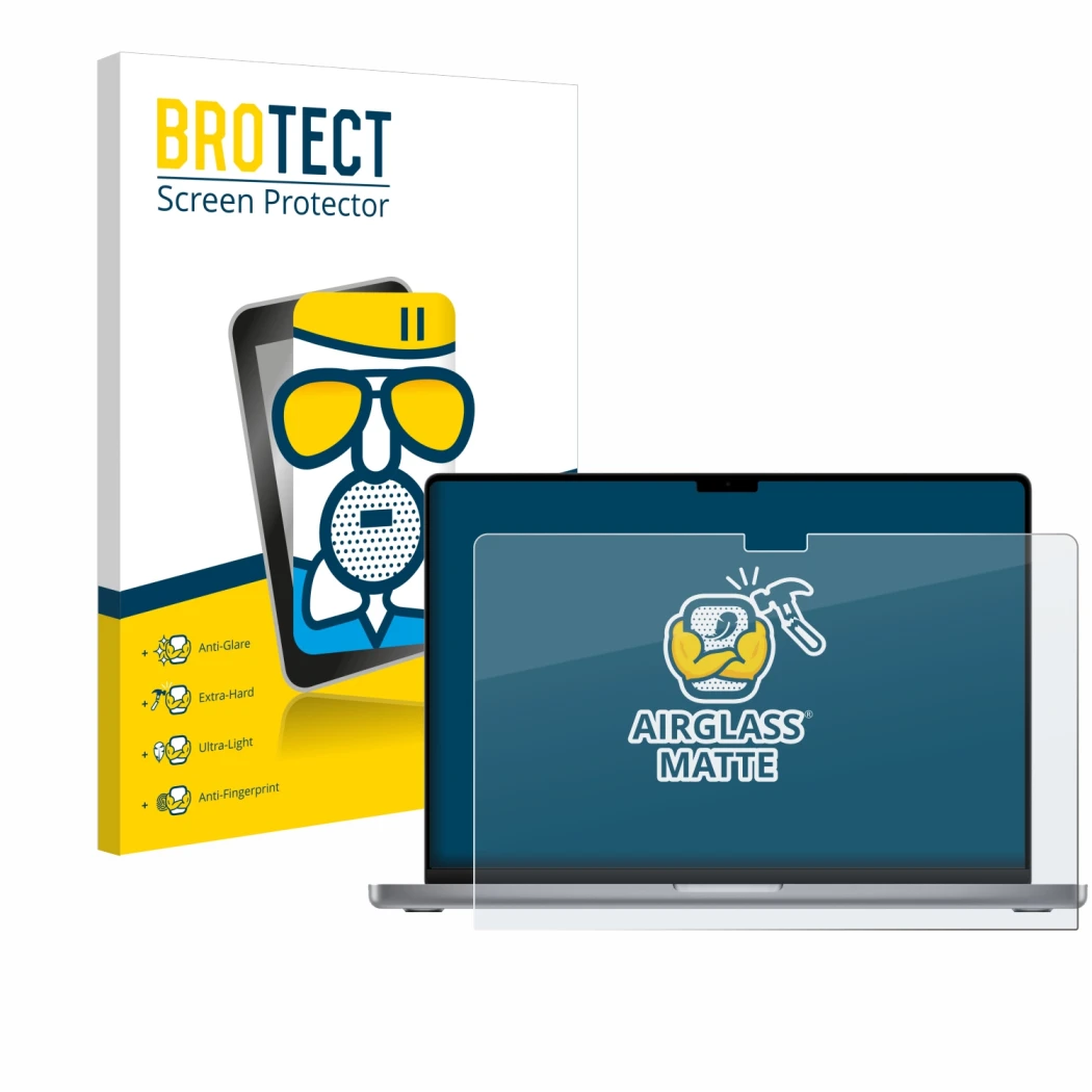 Vorderseite einer Produktverpackung mit dem Markenlogo BROTECT. Daneben ist das Gerät Apple MacBook Pro 16