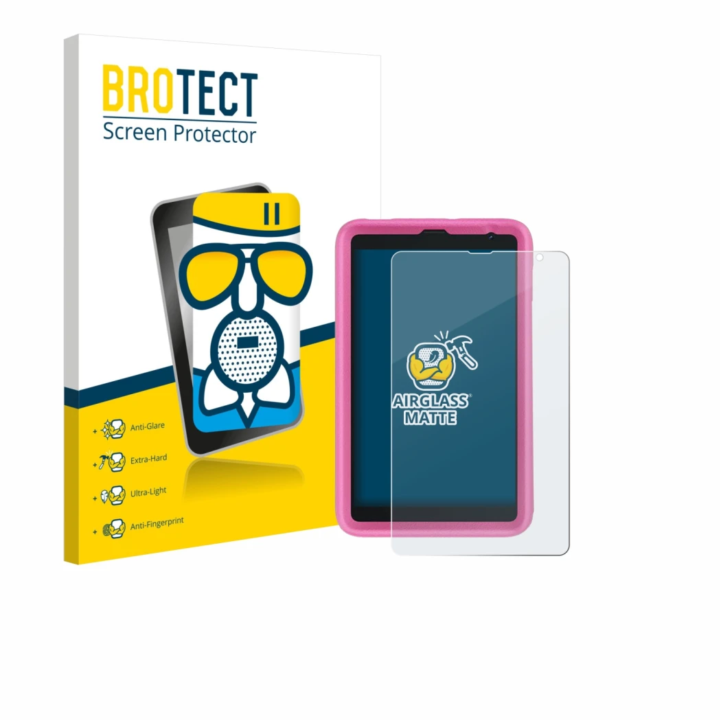 Vorderseite einer Produktverpackung mit dem Markenlogo BROTECT. Daneben ist das Gerät Blackview Tab 6 Kids mit dem zugehörigen