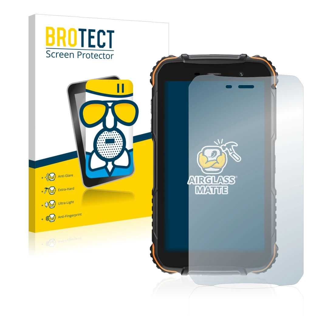 Vorderseite einer Produktverpackung mit dem Markenlogo BROTECT. Daneben ist das Gerät Doogee S35T mit dem zugehörigen Displays