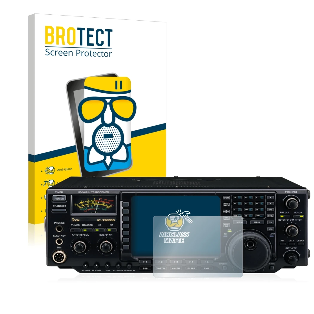 Vorderseite einer Produktverpackung mit dem Markenlogo BROTECT. Daneben ist das Gerät Icom IC-756 Pro III mit dem zugehörigen 